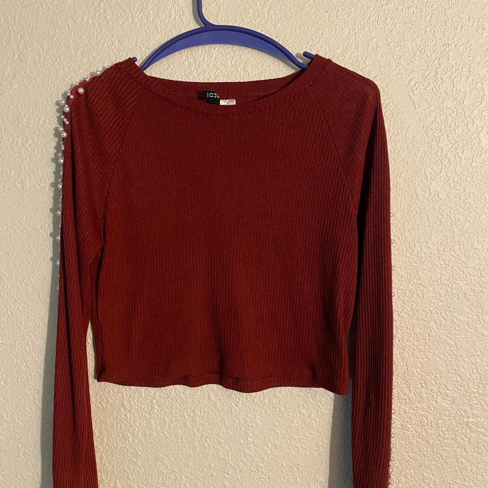 Long Sleeve Top with Pearl Detail